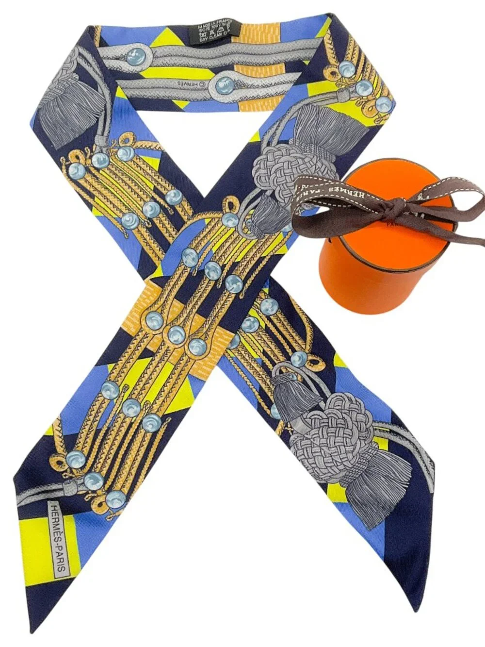 Hermès Blue / Yellow Brides et Gris-Gris silk Twilly Scarf